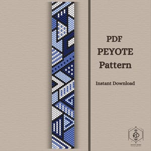 May include: A vertical beaded peyote pattern in shades of blue and white, with geometric shapes. The text "PDF PEYOTE Pattern Instant Download" is displayed on a tan background.