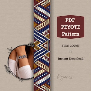 May include: A PDF Peyote pattern with a geometric design in blue, gold, and burgundy. The image includes a close-up of a wrist wearing a matching beaded bracelet. Text on the image reads "Even Count" and "Instant Download".