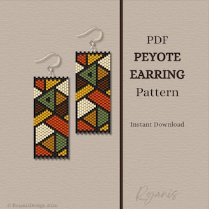 May include: Two rectangular earrings with a geometric pattern in shades of orange, yellow, green, brown, and white. The earrings are made with small beads and have silver hooks. The image also includes the text "PDF Peyote Earring Pattern" and "Instant Download."