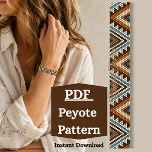 May include: A digital PDF peyote pattern featuring a geometric design with repeating triangles in shades of brown, white, and blue. The pattern is displayed as a vertical strip of small beads, showcasing a structured, symmetrical arrangement of colors.