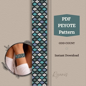 May include: A PDF peyote pattern with an odd count design. The pattern features a geometric design in shades of teal, blue, and white. The words "PDF Peyote Pattern" are displayed on a teal background. The words "Odd Count" and "Instant Download" are also visible.