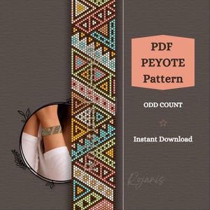 May include: A colourful PDF Peyote pattern with an odd count design. The pattern features geometric shapes in shades of pink, yellow, blue, and brown. The image also includes a bracelet with a similar design. The text says "Instant Download".