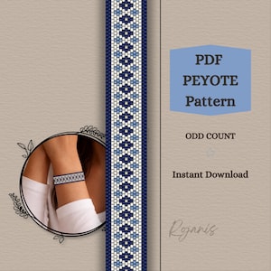 Könnte beinhalten: Ein PDF-Peyote-Muster mit ungeradem Zähl-Design. Das Muster zeigt ein geometrisches Design in Blau, Weiß und Marineblau. Das Bild enthält auch ein Armband mit dem gleichen Muster und den Worten "Sofort-Download".