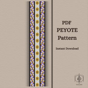 May include: A PDF Peyote Pattern design with a vertical beaded pattern in black, white, yellow, and purple. The text "PDF PEYOTE Pattern" and "Instant Download" are displayed on a tan background.