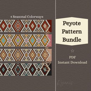 May include: A digital graphic displaying a Peyote Pattern Bundle with 4 Seasonal Colorways. The image features four horizontal strips of geometric diamond beadwork patterns in red, yellow, brown, and blue tones, with text reading Peyote Pattern Bundle.