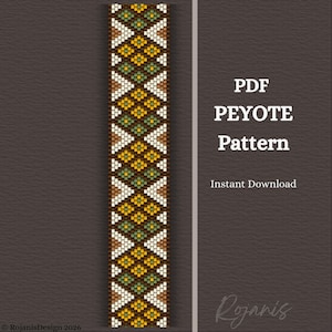Patrón PDF para pulsera de peyote "Farrah" – Diseño moderno de cuentas en amarillo y verde, patrón de rombos, colores naturales, punto de peyote de número impar.