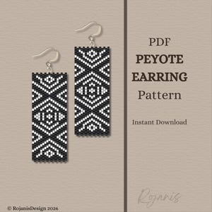 May include: Black and white beaded Peyote earring pattern. The earrings are rectangular with a geometric design. The text on the image says "PDF Peyote Earring Pattern" and "Instant Download".