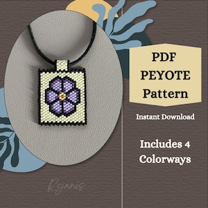 May include: A square beaded pendant featuring a purple flower with a yellow center on a cream background, framed by a black border. The text reads PDF PEYOTE Pattern, Instant Download, Includes 4 Colorways. The pendant hangs from a black cord.
