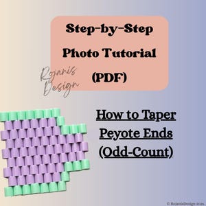 Può includere: Un tutorial fotografico digitale in PDF intitolato Step-by-Step Photo Tutorial (PDF) How to Taper Peyote Ends (Odd-Count) di Rojanis Design. L'immagine mostra un campione di perline composto da perline cilindriche color lilla e verde menta.