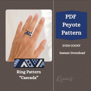 May include: A digital PDF peyote pattern for a ring titled Cascada, featuring an even count design. The pattern displays a geometric motif in shades of black, white, and blue. The text includes PDF Peyote Pattern, Even Count, Instant Download, and Ring Pattern Cascada.