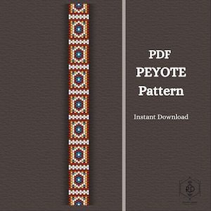 Peyote Bead Pattern PDF "Klara" - Red and Orange, Granny Squares Inspired Narrow Bracelet Pattern