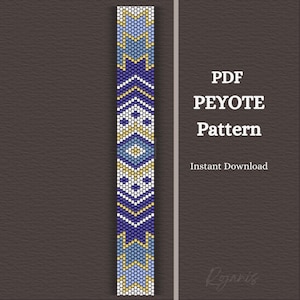 Peyote Bead Pattern Blue Gold Bracelet, Geometric Peyote Pattern Boho Style, Narrow Peyote Bracelet PDF Word Chart for Instant Download