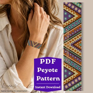 May include: A digital PDF peyote pattern featuring a geometric chevron design in shades of purple, teal, orange, and cream. The pattern is displayed as a long vertical strip of small beads and is shown worn as a bracelet on a wrist.
