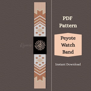 May include: A beaded watch band in a geometric pattern with tan, white, and brown beads. The band has a black square with a white flower design. The image also includes the text "PDF Pattern" and "Peyote Watch Band".