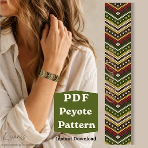 Bead Pattern Peyote Bracelet Christmas, Festive Holiday Bracelet, Striped Pattern Green Red Gold, PDF Beading Pattern Jewelry Fall Winter