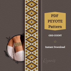 Op de afbeelding: Een digitaal PDF-peyotepatroon met een geometrisch ruitontwerp in bruin-, goud- en wittinten. De afbeelding bevat de tekst PDF PEYOTE Pattern, ODD COUNT en Instant Download, naast een cirkelvormige inzet die een kralenarmband laat zien.