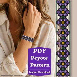May include: A beaded bracelet featuring a geometric pattern of purple, green, white, and yellow diamonds. The design is presented as a PDF peyote pattern with a repeating floral-inspired motif, showcasing a vertical strip of the beadwork design.