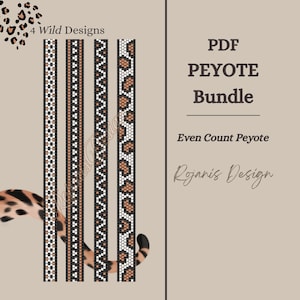 May include: A digital PDF bundle featuring 4 Wild Designs for even count peyote stitch beadwork. The image displays four vertical strips with geometric and animal-inspired patterns in black, white, and brown, labeled with the text Rojanis Design.