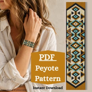 May include: A digital PDF peyote pattern featuring a geometric design with repeating diamond and triangular shapes in shades of mustard yellow, turquoise, black, and white. The pattern is displayed as a long vertical strip next to a bracelet.