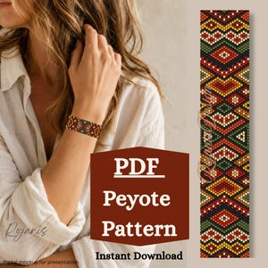 May include: A rectangular peyote pattern featuring a geometric design with small squares in red, yellow, green, and black. The text PDF Peyote Pattern Instant Download is displayed in white on a dark red background next to the pattern.