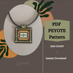 May include: A square beaded pendant necklace with a geometric design in shades of teal, brown, and gold. The necklace is displayed on a gray stand. The image also includes text that reads "PDF Peyote Pattern" and "Instant Download."