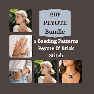 May include: A digital PDF bundle featuring 5 beading patterns for peyote and brick stitch. The image displays jewelry examples including a geometric blue and white earring, a ring, a bracelet, and a pendant necklace with matching patterns.