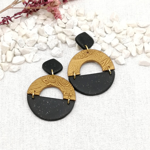 große Ohrringe Gold, runde Polymer Clay Ohrringe Schwarz, ausgefallene Ohrringe, Statementohrringe, ungewöhnliche Ohrringe handgemacht