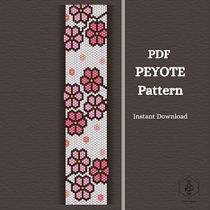 May include: A beaded peyote pattern featuring a floral design with pink flowers and yellow centers on a white background. The text "PDF PEYOTE Pattern Instant Download" is displayed on the right side of the image. The pattern is a digital download.