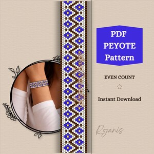 May include: A digital PDF peyote pattern for an even count bracelet featuring a geometric design with brown, white, and blue beads. The image displays the finished beaded bracelet on a wrist and the full vertical pattern layout with text.
