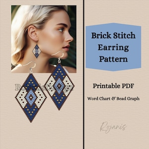 Brick Stitch Pattern Earrings Blue Diamond Shape, Denim Style Beaded Earrings DIY, Beading Pattern Southwestern Jewelry Printable PDF