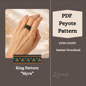 May include: A PDF peyote pattern titled Myra for an even count ring. The design features a black, brown, and turquoise geometric bead pattern. The image displays the finished ring on a finger and a flat view of the beadwork pattern.