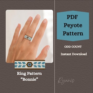 May include: A PDF peyote pattern for an odd count ring titled Bonnie. The design features a geometric motif with brown, light blue, and white beads, including a central brown hexagon with a red center. Text includes PDF Peyote Pattern.