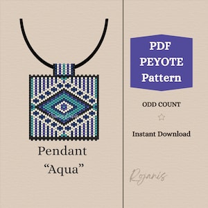 May include: A square beaded pendant featuring a geometric diamond pattern in shades of aqua, blue, white, and black on a black cord. Text reads: PDF PEYOTE Pattern, ODD COUNT, Instant Download, Pendant Aqua, and the brand name Rojanis.