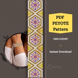 Patrón de abalorios para pulsera peyote, pulsera amarilla estilo oriental, diagrama de abalorios en PDF imprimible con diagrama de palabras, patrón de abalorios de semillas de colores