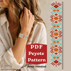 May include: A digital PDF peyote pattern featuring a geometric design with repeating diamond and chevron shapes in red, orange, and turquoise beads on a cream background. The pattern is displayed as a long vertical strip next to text.