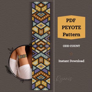 May include: A PDF peyote pattern for an odd count bracelet featuring a geometric design in shades of yellow, brown, blue, and purple. The image includes a circular inset showing the finished beaded bracelet worn on a wrist and text.