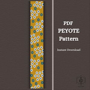 Wzór na bransoletkę pejotlową „Dixie” – kwiatowy wzór koralikowy, bransoletka z żółtymi kwiatami i stokrotkami, do wydrukowania w formacie PDF