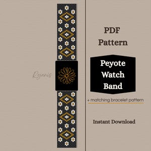 Puede incluir: Un patrón PDF digital para una correa de reloj Peyote. La correa es negra con un patrón geométrico en blanco y dorado. La esfera del reloj es negra con un diseño de flor dorada. El texto de la imagen dice "PDF Pattern", "Peyote Watch Band" e "Instant Download".