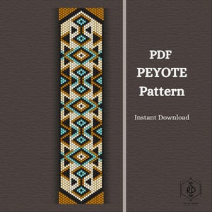 May include: A beaded peyote pattern in a vertical design, featuring geometric shapes in black, tan, turquoise, and white. The text "PDF PEYOTE Pattern" and "Instant Download" are displayed on a brown background.