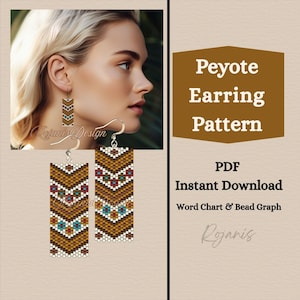 May include: A digital document titled Peyote Earring Pattern, PDF Instant Download, Word Chart & Bead Graph. It displays rectangular earrings with a geometric pattern in brown, white, red, and turquoise beads, shown on a person's ear.