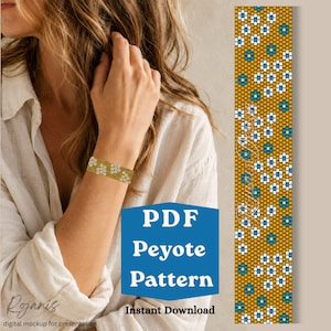 May include: A PDF peyote pattern featuring a repeating floral design with white and blue beads on a mustard yellow background. The pattern is displayed as a long vertical strip and is also shown worn as a beaded bracelet on a wrist.