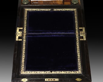 Antique Victorian Burr Walnut Writing Box: Brass & Mother of Pearl Inlay