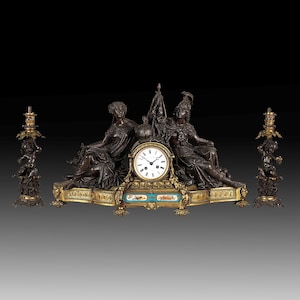 Mantle Clock with Two Cherub Oil Lamps • An Exceptional Very Fine French Mid-19th Century Triptych Gilt Bronze Sculptured Figural Empire