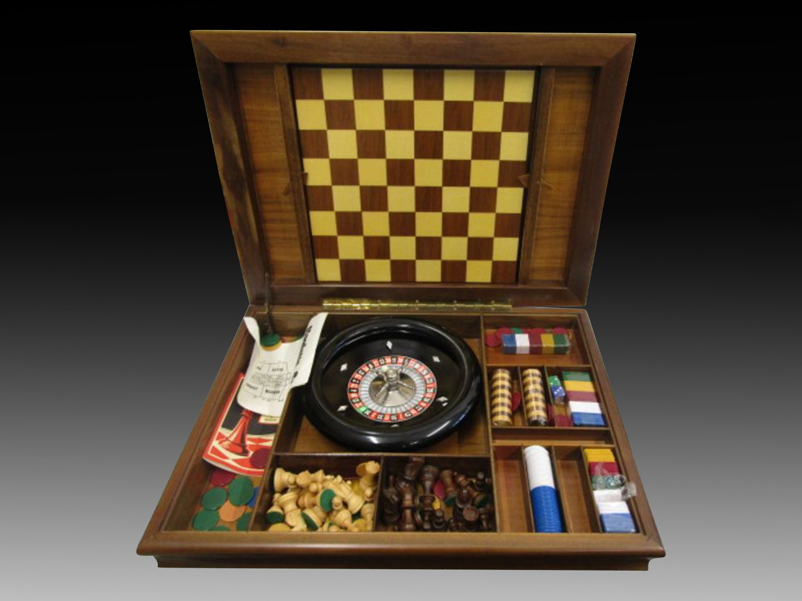 1960s Italian Inlaid Wood Multi Game Table With Roulette, Checkers/Chess,  Backgammon