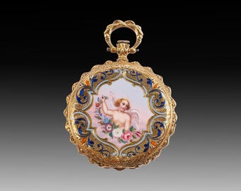 Schweizer Dame 18K Gold Open-Face Key-Wind Dress Taschenuhr (um 1860) - Bogenkanten-Design