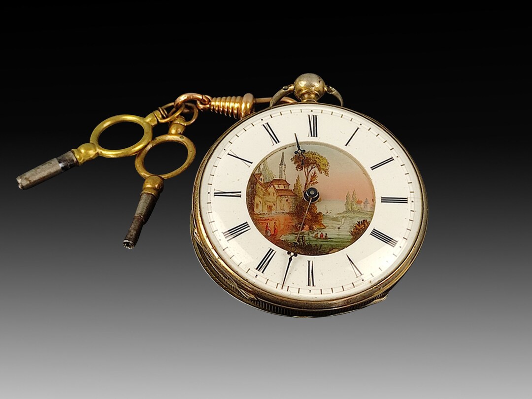 開店記念セール！ Watch Pocket Antique French Rare With Dial Enamel Polychrome 彫刻・オブジェ