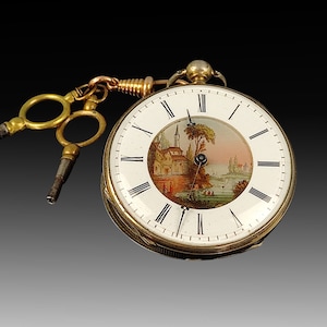 Seltene antike französische Taschenuhr: Polychrome Emaille Ziffernblatt, 1800er Jahre Schlüsseluhr