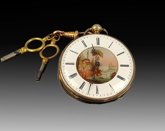 Rare Antique French Pocket Watch: Polychrome Enamel Dial, 1800s Key Watch