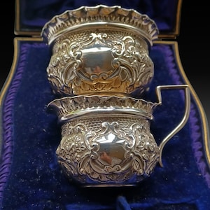 Silver Sugar Bowl and Creamer with Foliate Embossing in Original Case • Stunning Late Victorian Cased • Antique Solid Silver Sugar Bowl