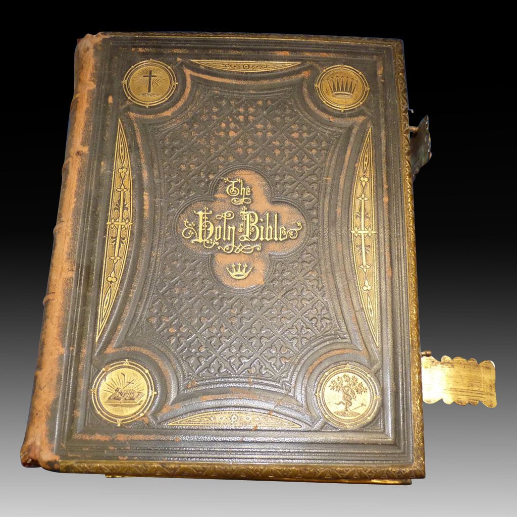 Leather Bound Bible Antique 1800s With Brass Fittings Dedicated to Mr
